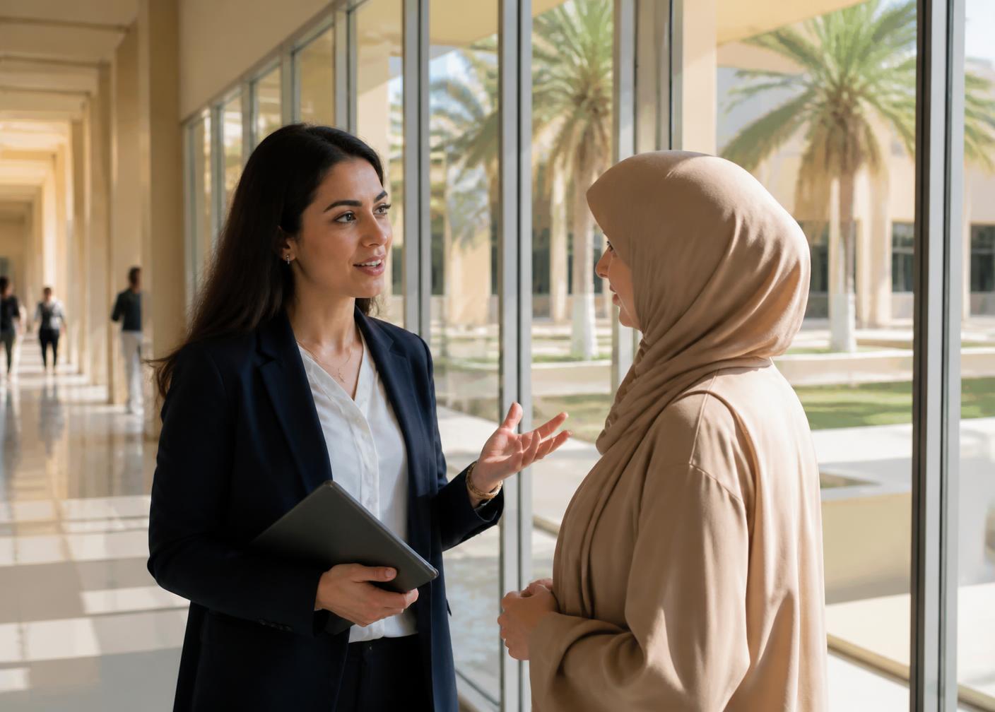 Two education professionals in conversation in a sunlit international school corridor